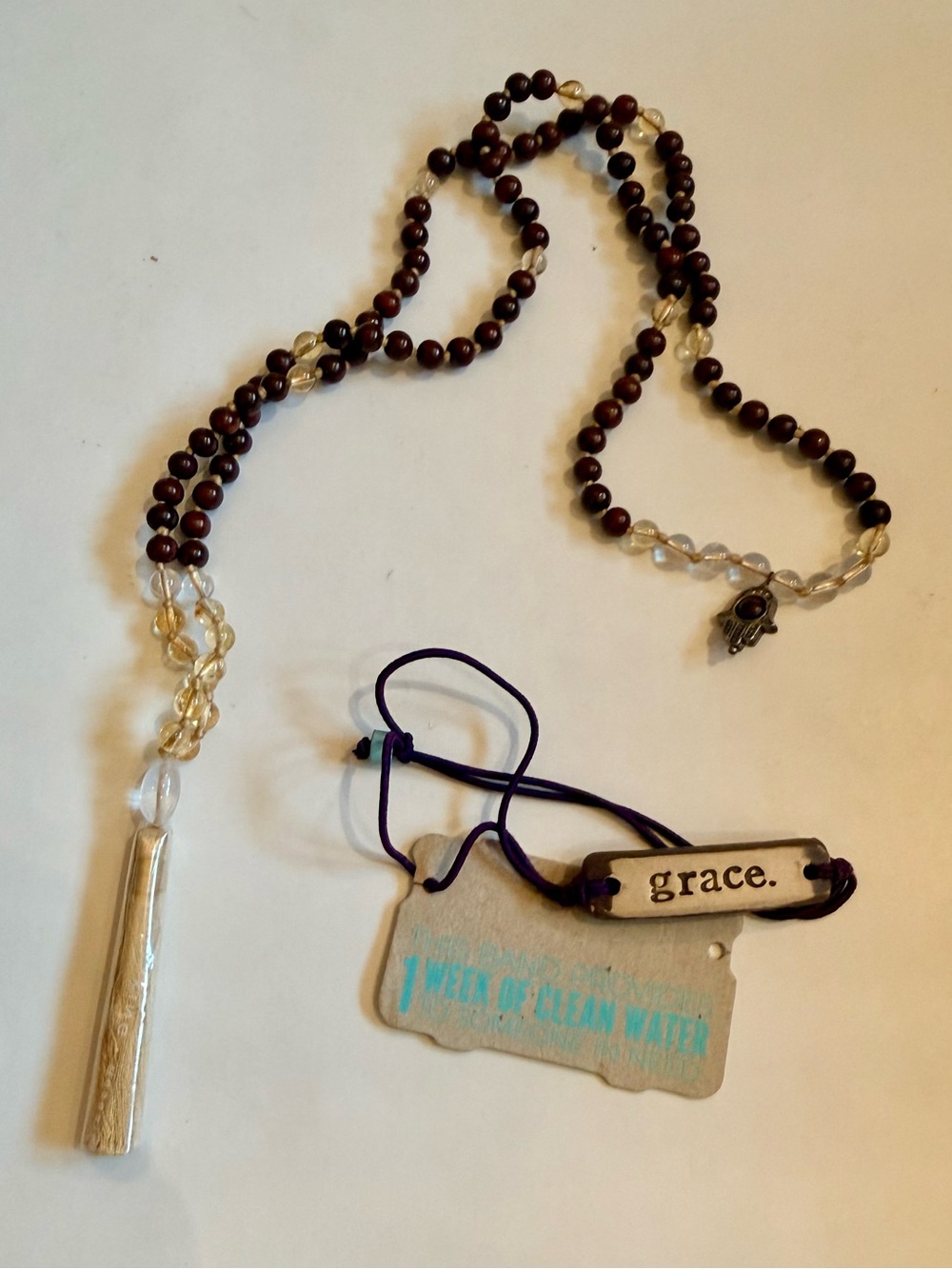 Boho Wood Bead Mala Necklace Hamsa Tassel + Grace Bracelet NWT